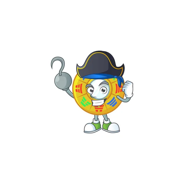 Cool een hand piraat chinees cirkel feng shui cartoon karakter dragen hoed — Stockvector