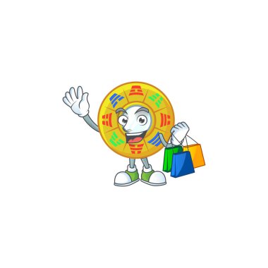 Mutlu, zengin bir Çin dairesi Feng Shui el sallıyor ve alışveriş çantası tutuyor.