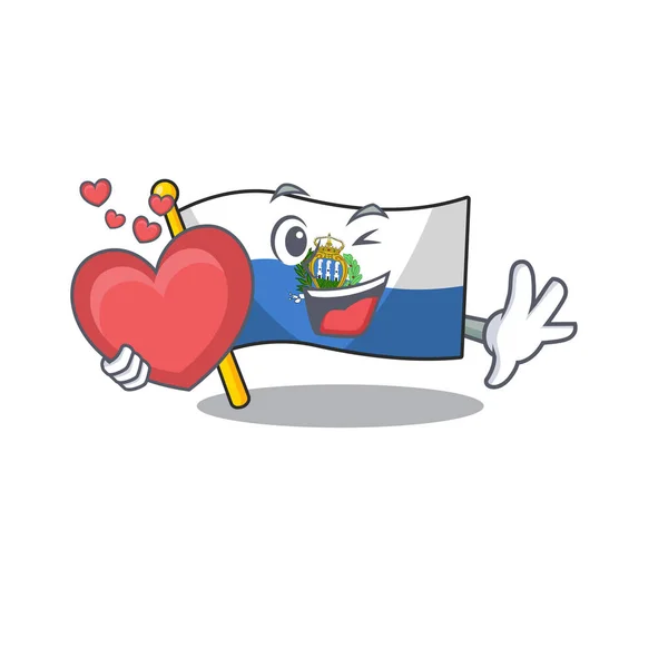 Αστεία σημαία πρόσωπο Σαν Μαρίνο Κύλιση χαρακτήρα κινουμένων σχεδίων με καρδιά — Διανυσματικό Αρχείο