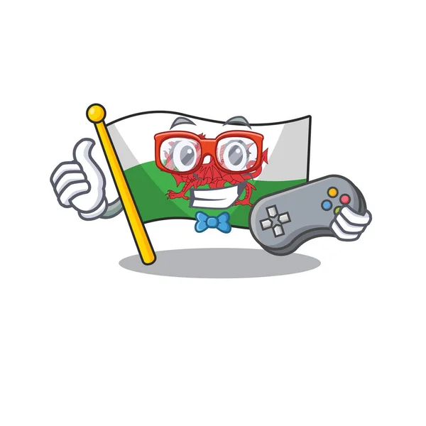 Geek engraçado gamer bandeira wales Scroll desenho animado personagem estilo — Vetor de Stock