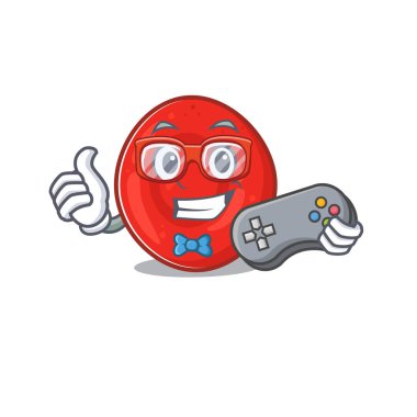 Gülen oyuncu eritrosit hücre çizgi film maskotu stili