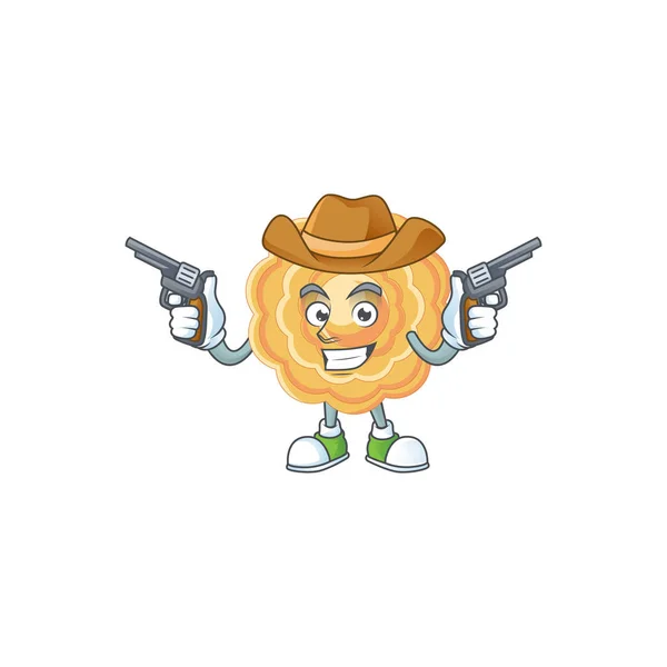 Confident chinese mooncake Cowboy cartoon character holding guns — Stock Vector