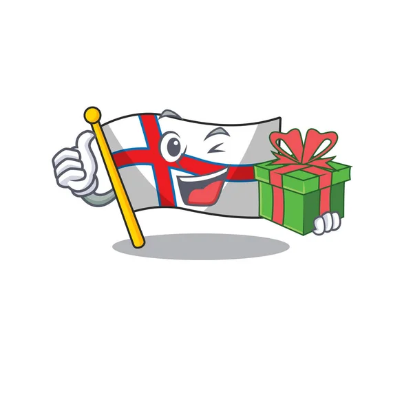 Σημαία happy face faroe νησί Κύλιση χαρακτήρα με κουτί δώρου — Διανυσματικό Αρχείο