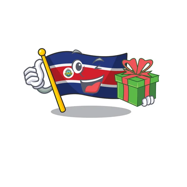 Glückliches gesicht flagge costa rica scroll charakter mit geschenkbox — Stockvektor