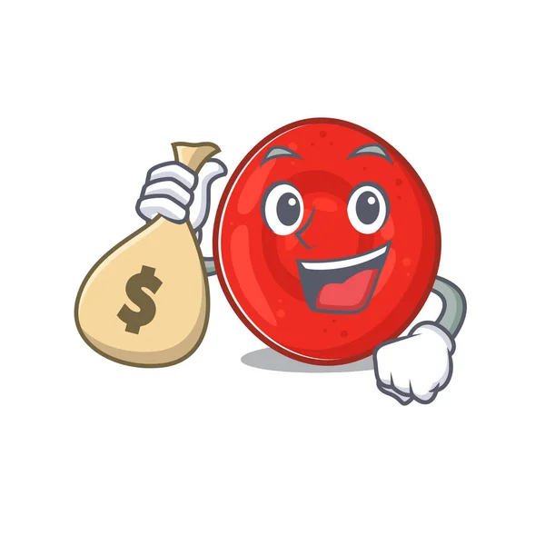 幸せな豊かな赤血球漫画のキャラクターとともにお金バッグ — ストックベクタ