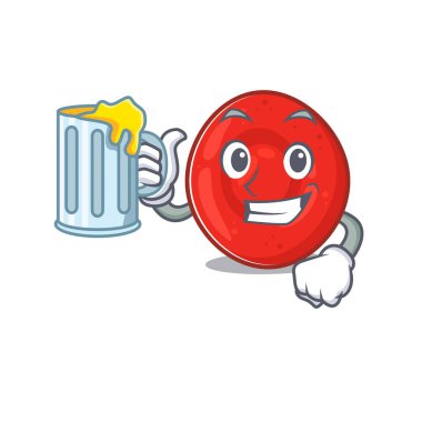Büyük bir bardakla mutlu eritrosit hücre maskotu tasarımı