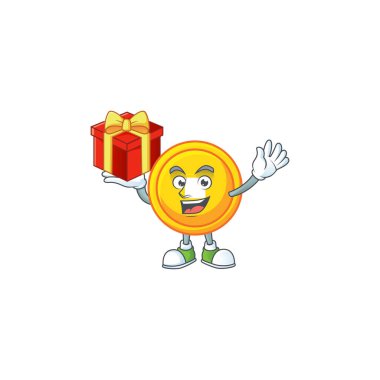 Mutlu yüz Çinli altın sikke çizgi film karakteri hediye kutusuna sahip.