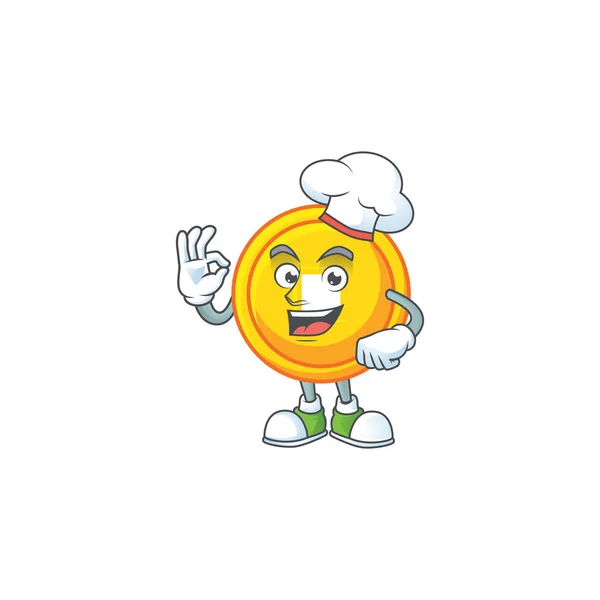 Personagem de desenho animado moeda de ouro chinês vestindo traje de chef e chapéu branco — Vetor de Stock