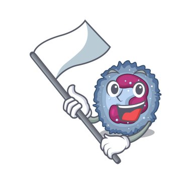 Komik nötrofil hücre çizgi film karakteri tarzı ayakta duran bir bayrak tutuyor.