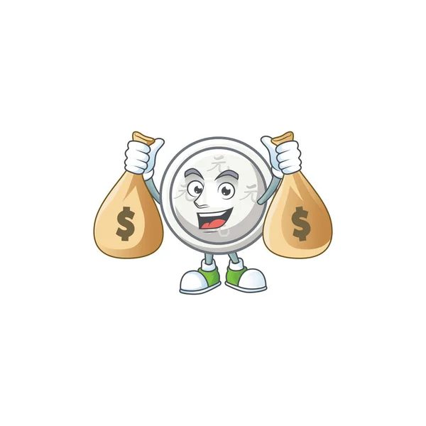 Un'immagine di ricco cinese personaggio cartone animato moneta d'argento con due sacchetti di denaro — Vettoriale Stock