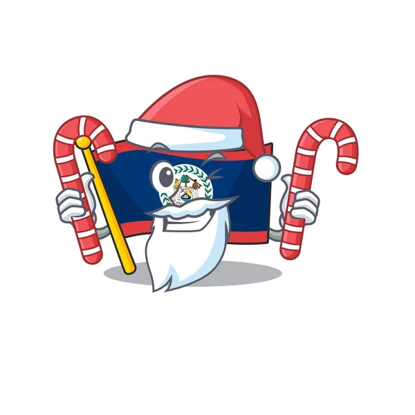 Drapeau belize personnage de bande dessinée en costume de Père Noël avec des bonbons — Image vectorielle