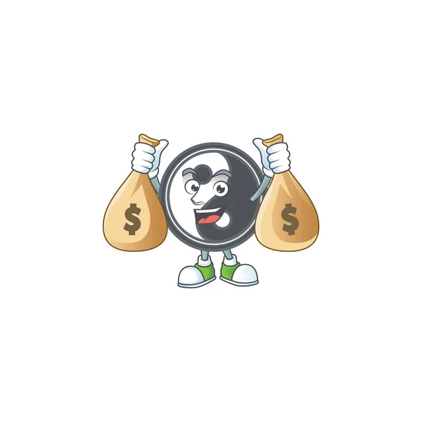 Una foto del rico personaje de dibujos animados yin yang con dos bolsas de dinero — Vector de stock