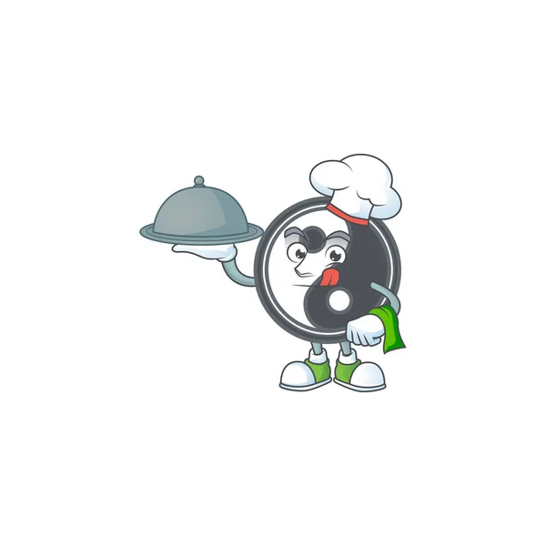 Disegno del fumetto di yin yang come chef con cibo sul vassoio — Vettoriale Stock