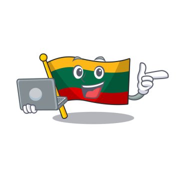 Smart character of flag lithuania working with laptop