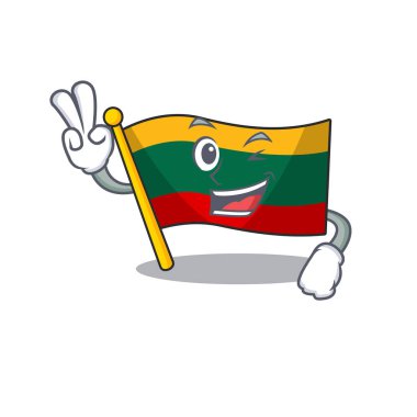 Smiley mascot of flag lithuania cartoon Character with two fingers