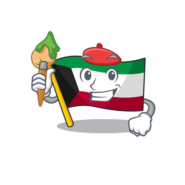 Tecknad karaktär flagga kuwait Artist med en borste — Stock vektor