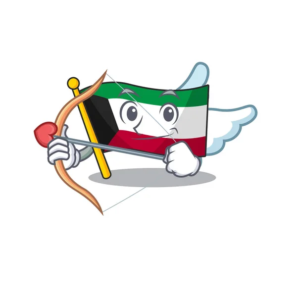 Bandera romántica kuwait Cupido personaje de dibujos animados con flecha y alas — Vector de stock