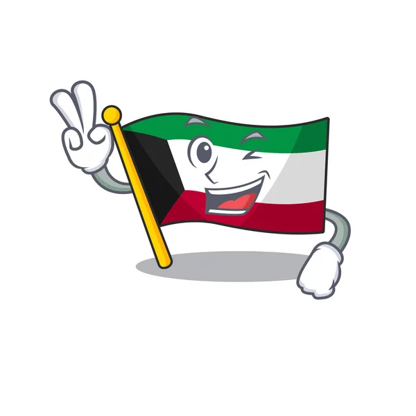 Smiley mascota de bandera kuwait dibujos animados Personaje con dos dedos — Vector de stock