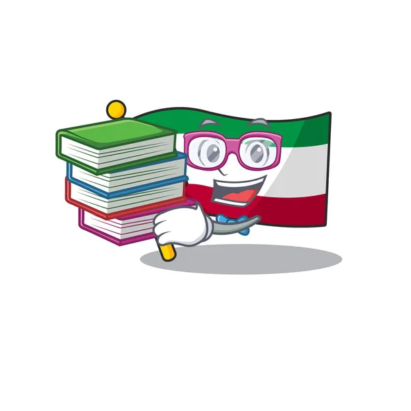 Cool et intelligent drapeau étudiant kuwait mascotte dessin animé avec livre — Image vectorielle