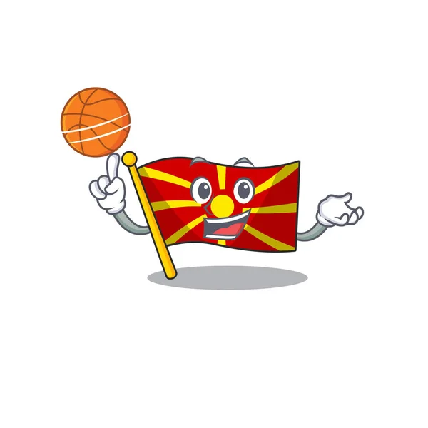 バスケットボールをしているフラグ・マケドニアのキャラクターのマスコット写真 — ストックベクタ