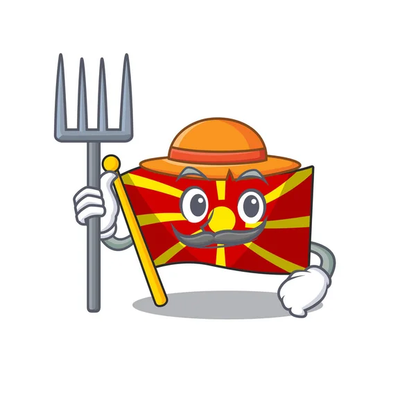 Fröhlich Bauer Flagge Mazedonien Cartoon-Bild mit Hut und Werkzeug — Stockvektor