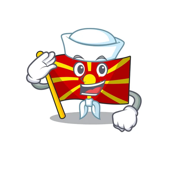 Ein Maskottchen Design der Flagge Mazedonien Matrose mit Hut — Stockvektor