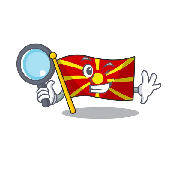 Coole und intelligente Flagge Mazedonien Detektiv Cartoon Maskottchen Stil — Stockvektor