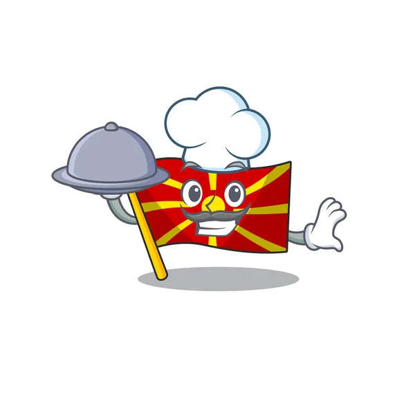 Karikatur der mazedonischen Flagge als Koch mit Essen auf Tablett — Stockvektor