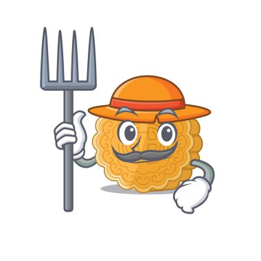 Neşeli Çiftçi ay çöreği çizgi filmi şapkalı ve aletli.