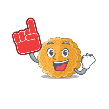 Çin ay çöreği maskotu çizgi film stili köpük parmak tutuyor.