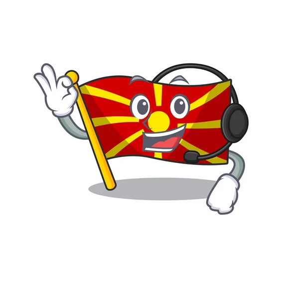 Smiley Flagge Mazedonien Zeichentrickfigur Design trägt Kopfhörer — Stockvektor