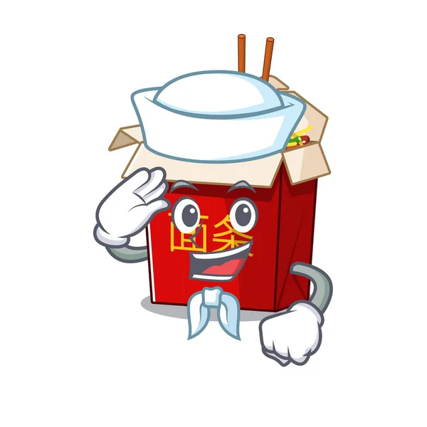 Um design mascote de caixa chinesa macarrão marinheiro usando chapéu — Vetor de Stock