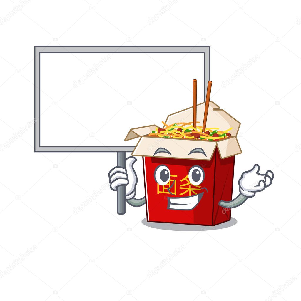 A cute picture of chinese box noodle cute cartoon character bring a board