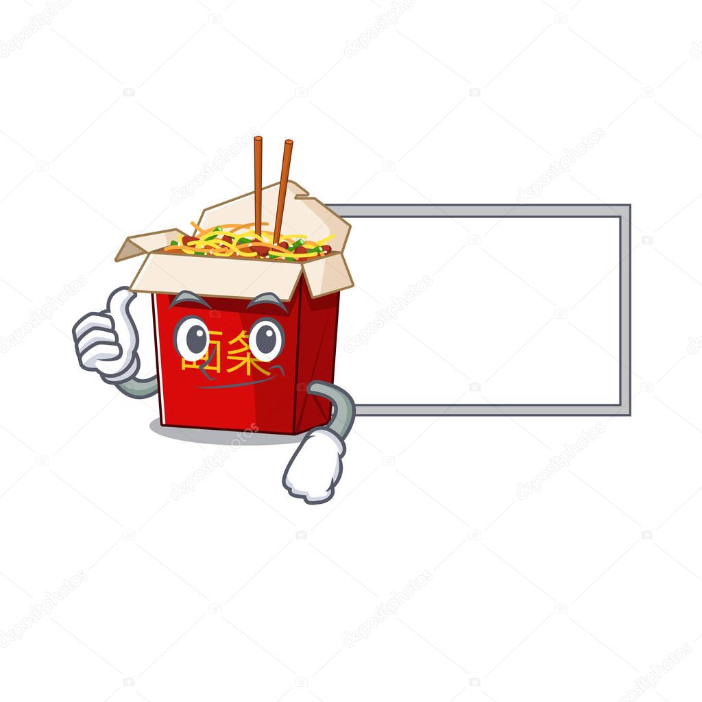 Thumbs up of chinese box noodle cartoon design with board