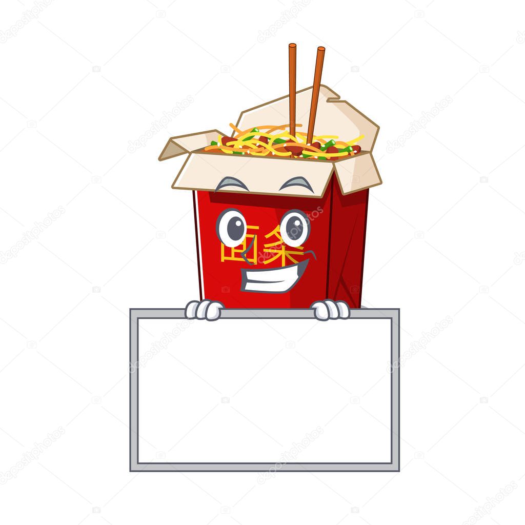 A cute picture of chinese box noodle grinning with board