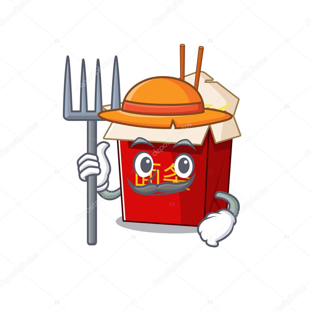 Cheerfully Farmer chinese box noodle cartoon picture with hat and tools