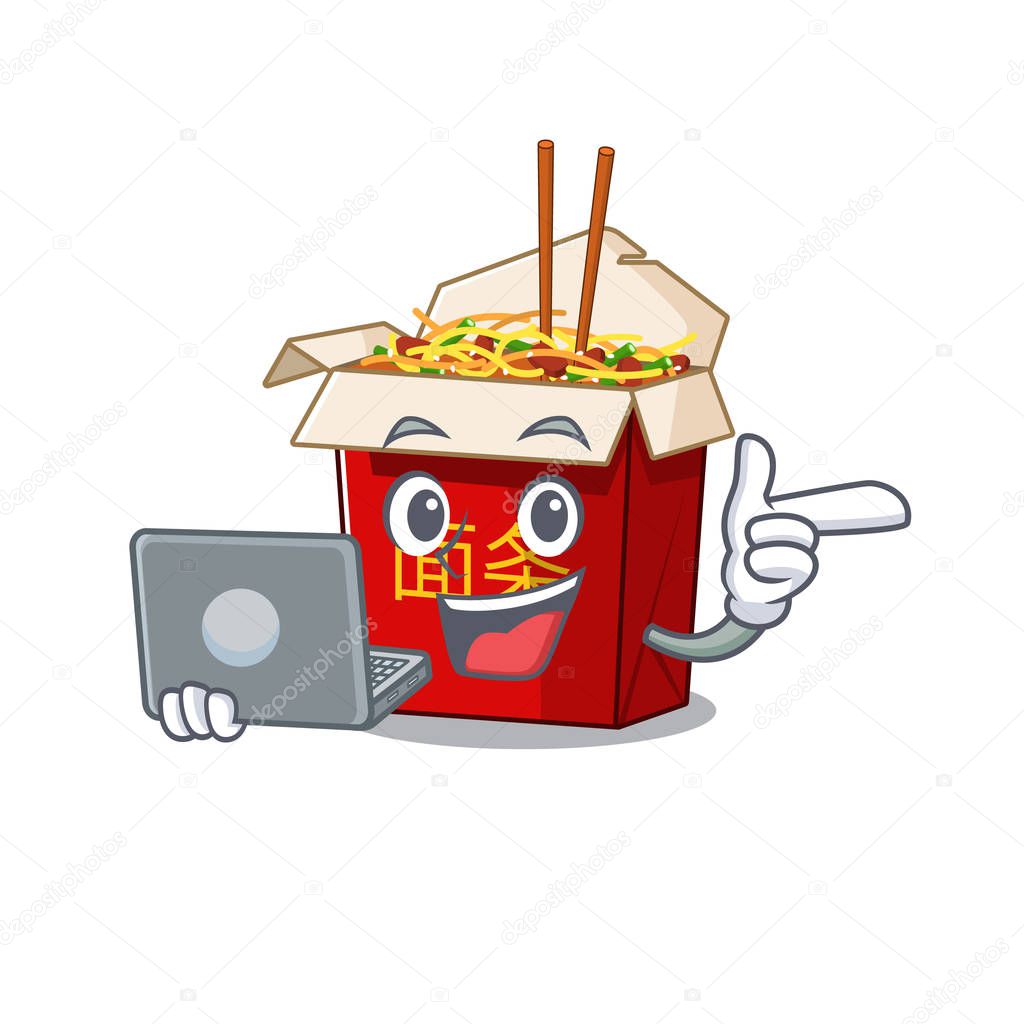 Smart character of chinese box noodle working with laptop