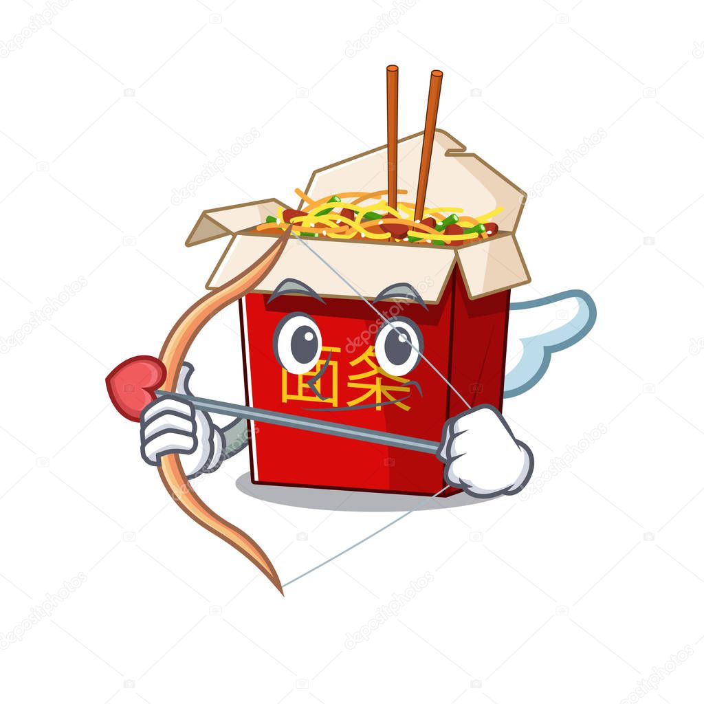 Romantic chinese box noodle Cupid cartoon character with arrow and wings