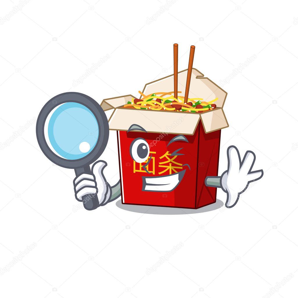 Cool and Smart chinese box noodle Detective cartoon mascot style