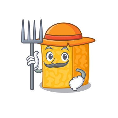 Neşeli Çiftçi Colby Jack peynir çizgi filmi. Şapkalı ve aletli.