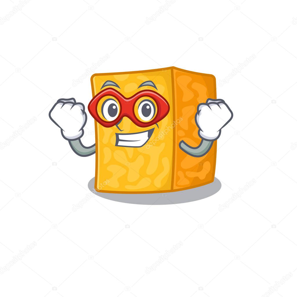 Smiley mascot of colby jack cheese dressed as a Super hero