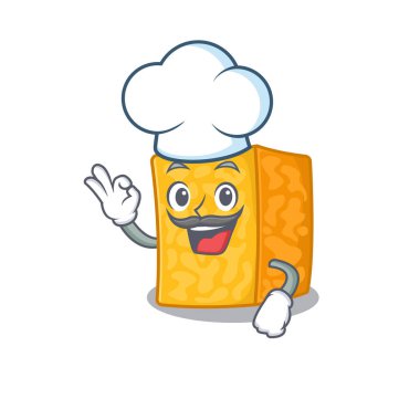 Colby Jack çizgi film karakteri, şef kostümü ve beyaz şapka giyiyor.