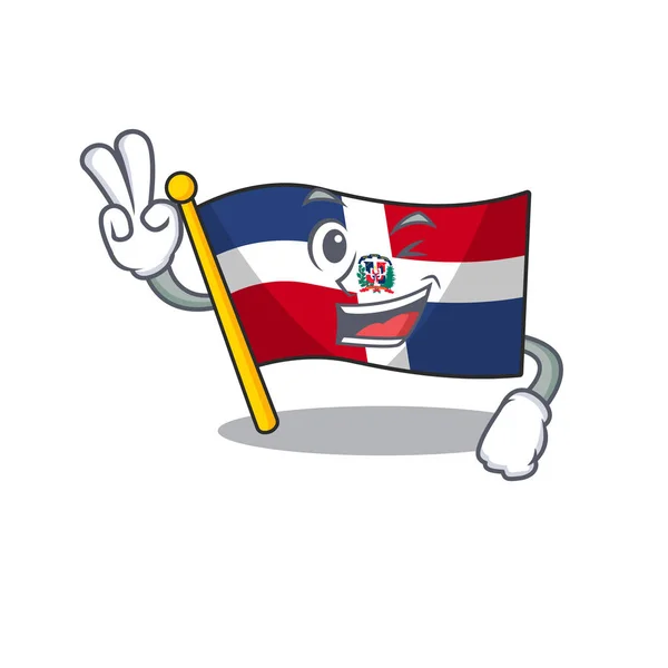 Smiley mascote de bandeira república dominicana desenho animado personagem com dois dedos — Vetor de Stock