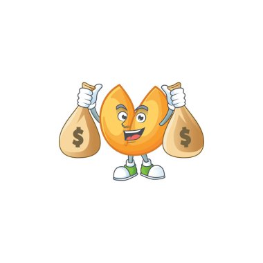 Zengin Çin falı kurabiyesi çizgi film karakteri ve iki para çantası.