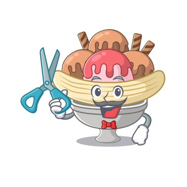 Gülen komik berber muz bölünmüş çizgi film karakteri tasarım stili