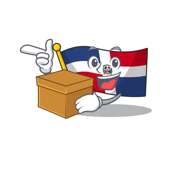Mignon drapeau République dominicaine personnage de dessin animé ayant une boîte — Image vectorielle