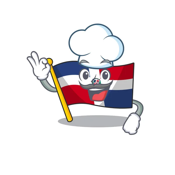 ธงสาธารณรัฐโดมินิกัน ตัวละครการ์ตูนสวมชุดของเชฟและหมวกสีขาว — ภาพเวกเตอร์สต็อก