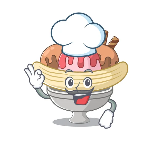 Banana split personagem de desenho animado vestindo traje de chef e chapéu branco — Vetor de Stock