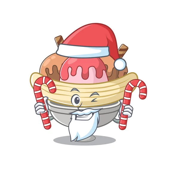Banana Split Cartoon-Figur im Weihnachtsmann-Kostüm mit Süßigkeiten — Stockvektor