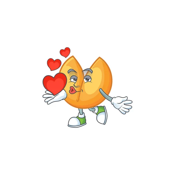 Visage drôle chinois fortune cookie personnage de dessin animé tenant un cœur — Image vectorielle